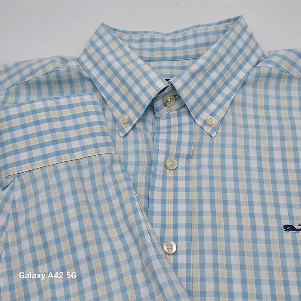 Vineyard Vines Mens Whale Shirt Medium Blue White Gingham Check Button Down Cott